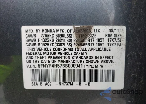 2011 Honda Pilot Ex-L z USA, uszkodzony, nr VIN 5FNYF4H57BB090941
